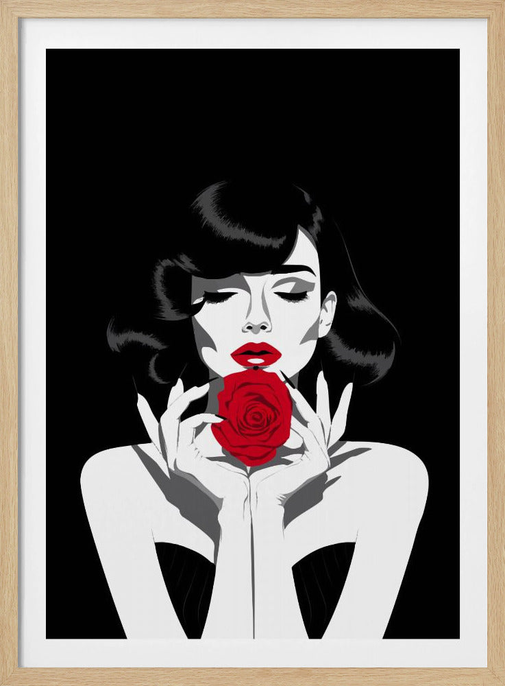 A high-contrast graphic illustration of a woman with dark wavy hair and closed eyes, holding a single vibrant red rose in front of her mouth. The image is primarily black and white, with selective color on her red lips and the rose. Decor