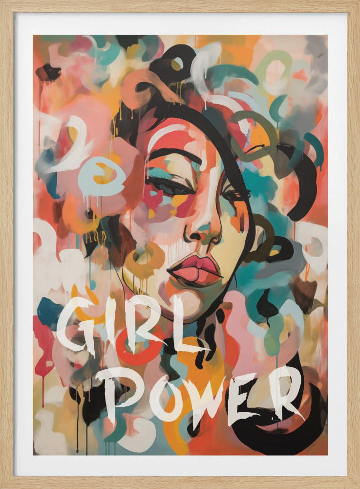 A modern, abstract portrait of a woman with her eyes closed against a vibrant background of swirling colors like orange, pink, and teal. The words 'GIRL POWER' are painted in bold white letters over the image, conveying a message of female empowerment. The style is reminiscent of street art with expressive brushstrokes and paint drips. Poster