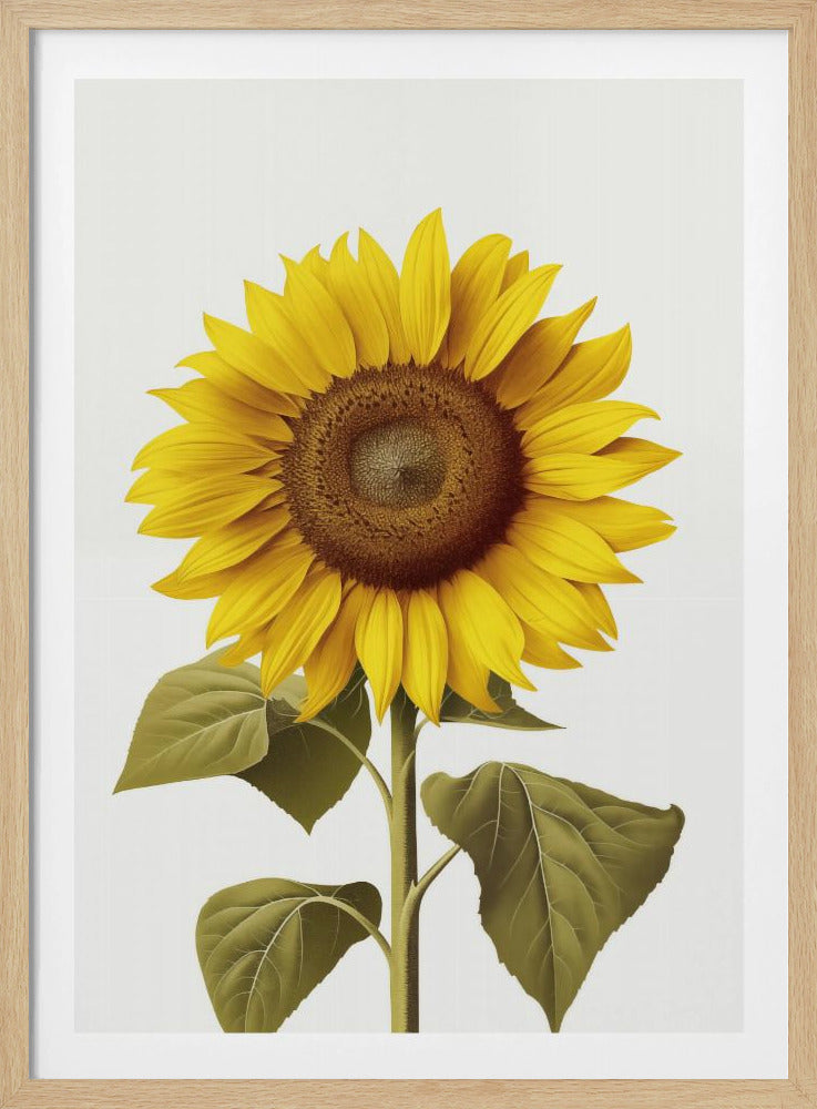 A detailed botanical illustration of a single large sunflower facing forward, showcasing its bright yellow petals, intricate brown center, and sturdy green stem with leaves, all set against a plain white background and enclosed in a thin black frame. Artwork