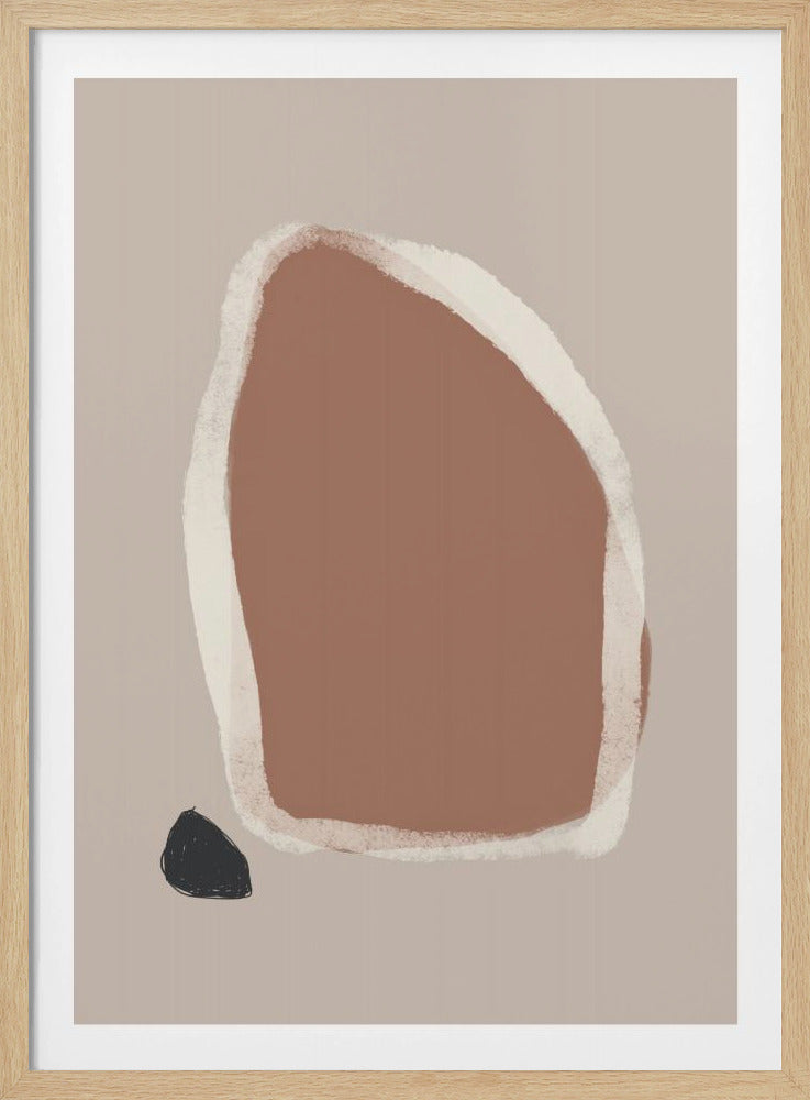 A minimalist abstract painting in a black frame featuring a large, organic terracotta-colored shape with a rough, off-white painted border. In the bottom left corner, there is a small, sketched black shape, all set against a muted beige background. Poster