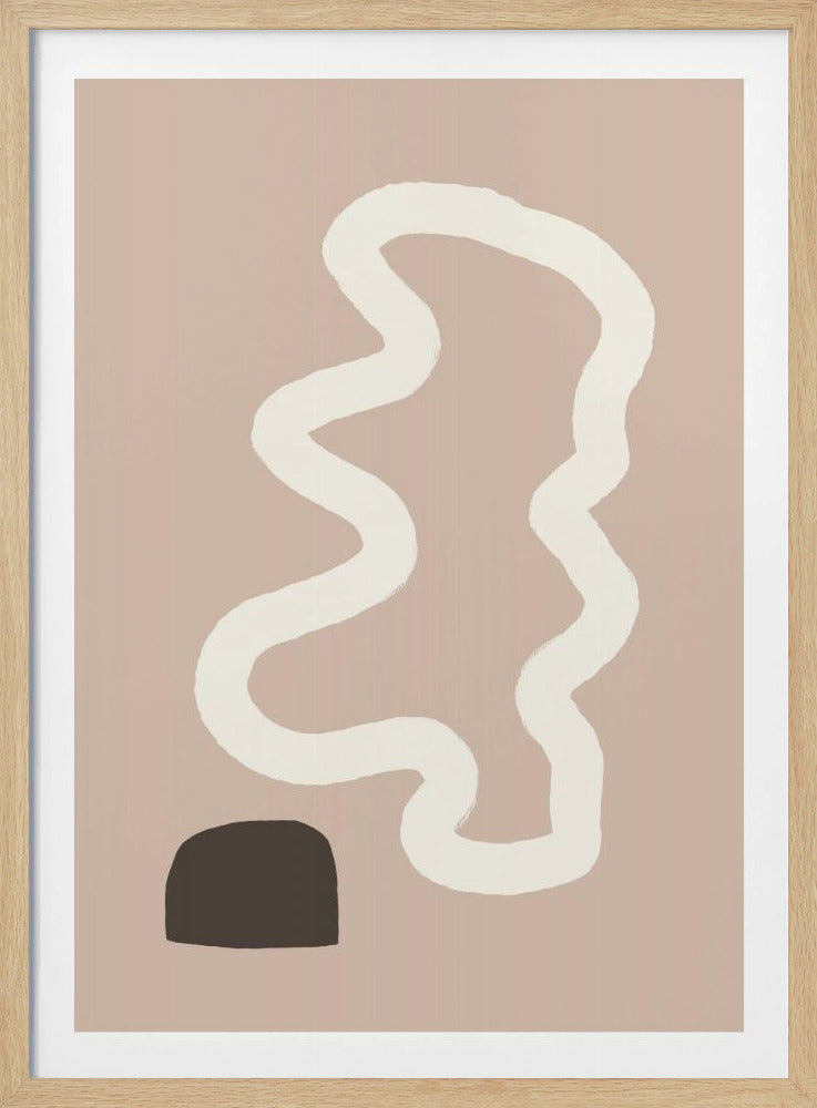 A minimalist abstract art piece in a black frame, featuring a solid dusty pink background. A thick, off-white, wavy line runs vertically through the center, and a solid dark brown organic shape is in the bottom left corner. Wall Art