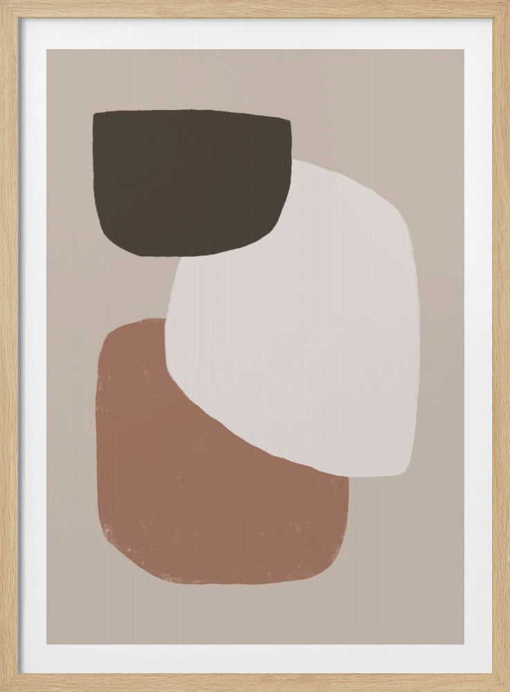 A minimalist abstract art print in a black frame. The composition features three large, overlapping organic shapes in dark brown, off-white, and terracotta against a muted beige background. Wall Art