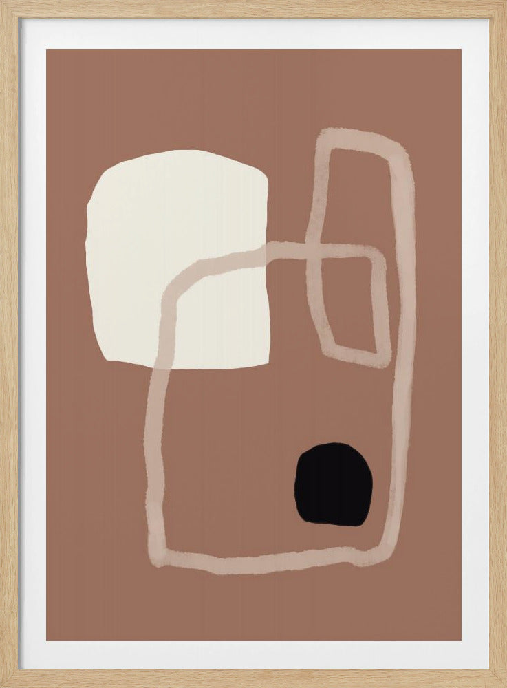 A modern abstract painting in a black frame, featuring a muted brown background. On this background are an irregular off-white shape, a meandering translucent pinkish line, and a solid black dot, creating a balanced and minimalist composition. Wall Art