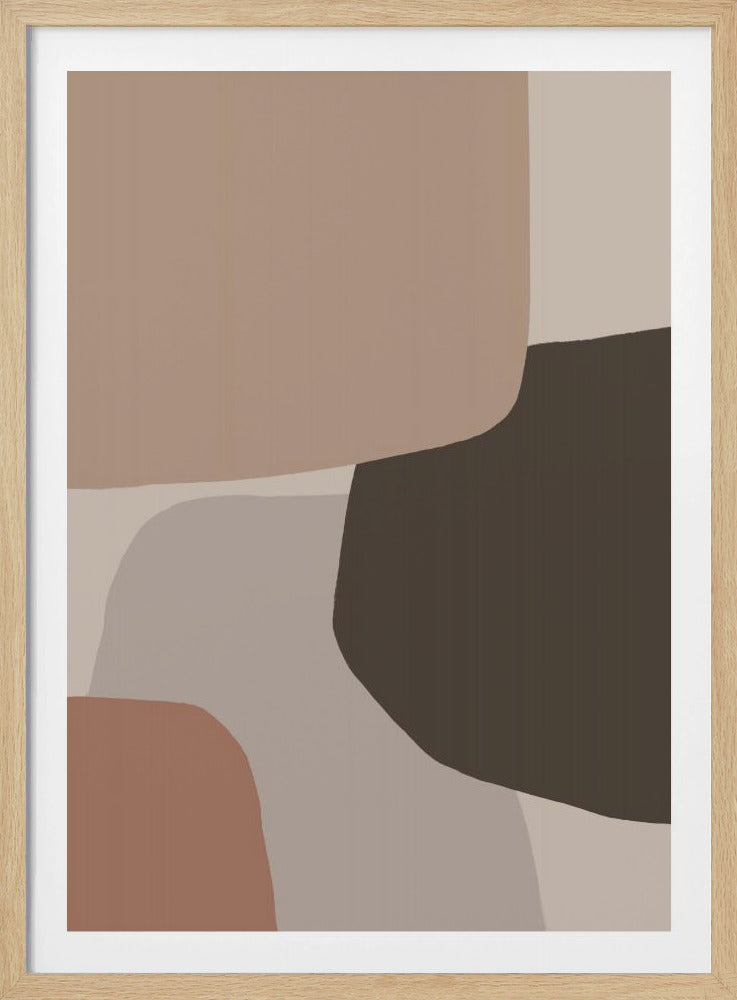 A vertical abstract painting in a black frame featuring large, overlapping organic shapes. The color palette is muted and earthy, with shades of beige, tan, taupe, and dark brown, creating a calm and minimalist composition. Decor