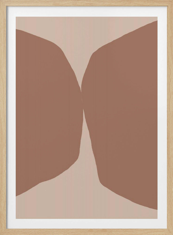 A minimalist abstract artwork featuring two large, symmetrical, terracotta-brown organic shapes on a light beige background. The shapes nearly touch in the center, creating a sinuous negative space between them. Wall Art