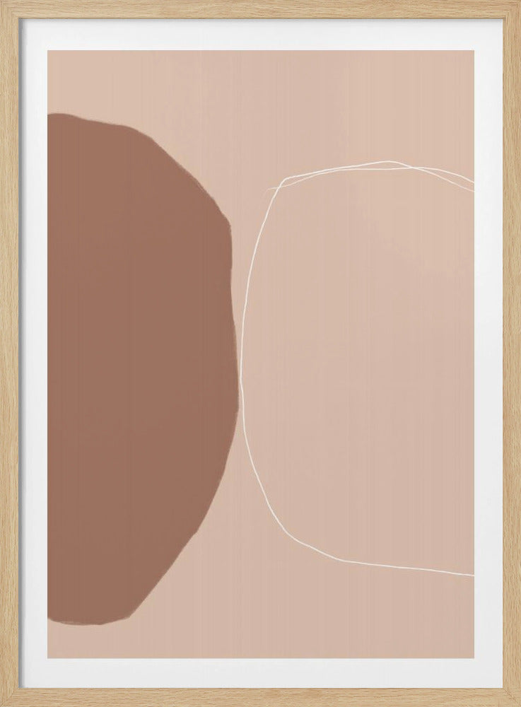 A minimalist abstract artwork in a black frame, featuring a large, solid, dark brown organic shape on the left against a muted dusty pink background. A delicate, hand-drawn white line forms an incomplete circle on the right, creating a sense of balance and simplicity. Wall Art