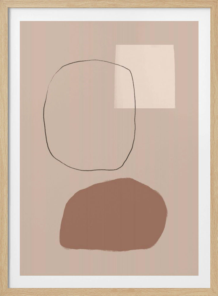 A minimalist abstract artwork in a black frame, featuring a light beige background. It displays a hand-drawn black outline of a large circle, a translucent white square, and a solid, organic brown shape at the bottom, creating a balanced, modern composition. Wall Art