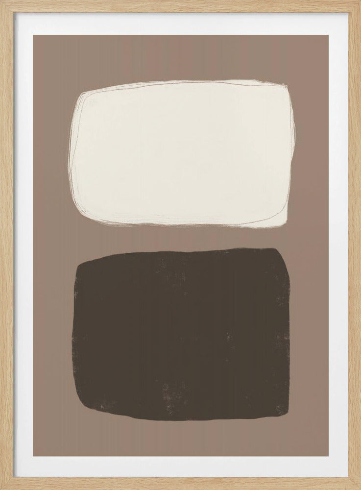 A minimalist abstract painting in a black frame, featuring two large, hand-painted rectangular blocks stacked vertically against a muted brown background. The top block is off-white with a visible brushstroke outline, and the bottom block is a textured dark brown. Print