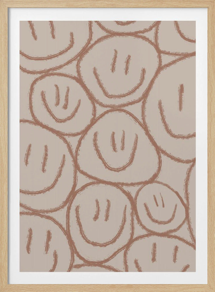 A framed artwork featuring a pattern of hand-drawn, overlapping smiley faces. The faces are sketched with rough, terracotta-brown lines on a solid beige background, creating a warm, neutral aesthetic. Print