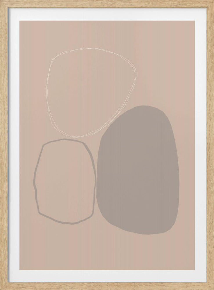 A minimalist abstract painting in a black frame, featuring three overlapping organic shapes against a muted pinkish-beige background. On the right is a large, solid taupe-gray shape. To its left are two outlined shapes, one at the top in a thin white line and one below it in a darker gray line, resembling smooth stones. Decor