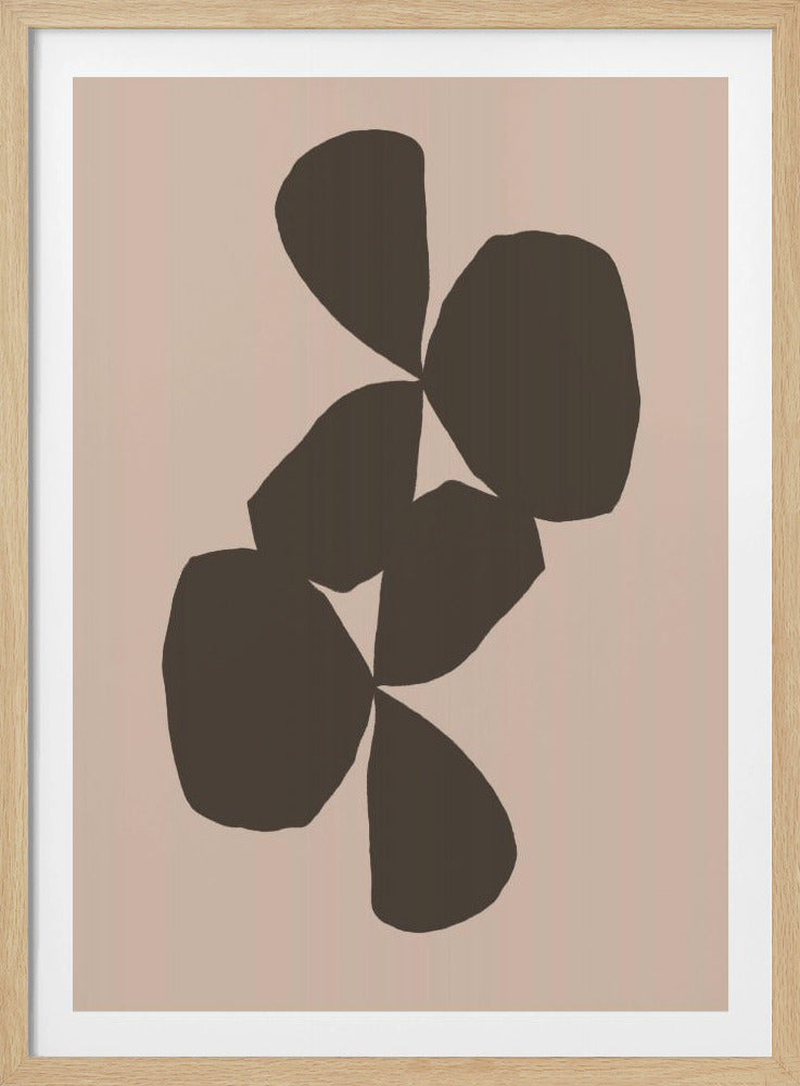 A minimalist abstract artwork featuring a central column of dark brown, rounded, organic shapes against a solid pale beige background, enclosed in a thin black frame. Decor