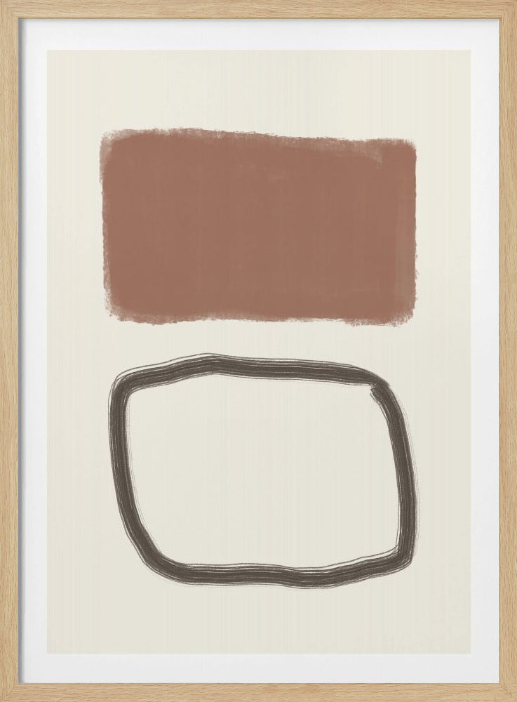 A minimalist abstract painting in a black frame. The artwork features a solid, earthy brown rectangle at the top and a hand-drawn, dark charcoal outlined rectangle below it, set against a textured cream background. Decor