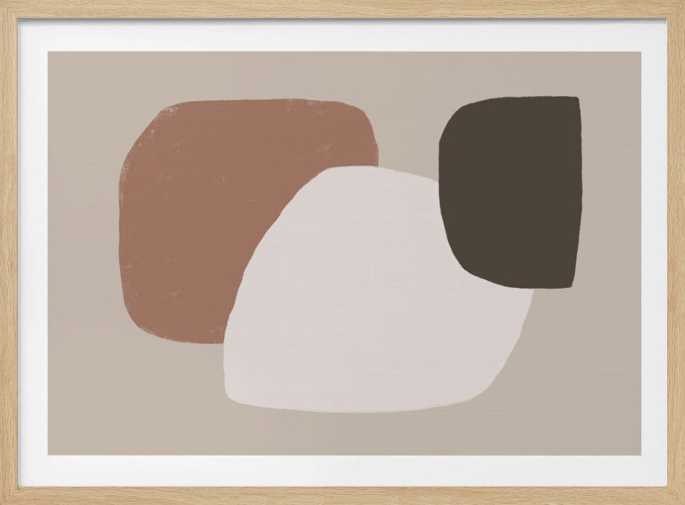 A minimalist abstract painting in a silver frame, featuring three large organic shapes in muted terracotta, off-white, and dark brown, overlapping on a neutral beige background. Artwork