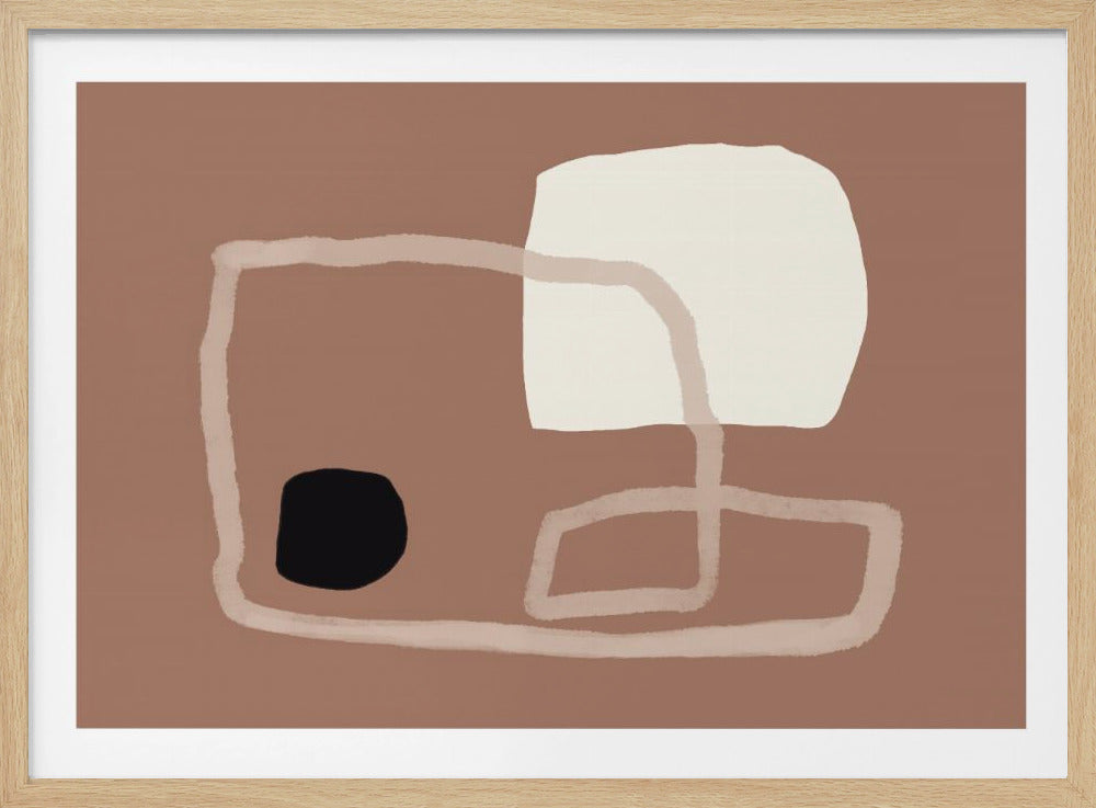 A modern abstract artwork in a silver frame. The piece features a solid dusty rose background with several shapes: a large, irregular cream-colored block in the upper right, a small black circle on the left, and a continuous, thick, light beige line that meanders around the composition. Wall Art