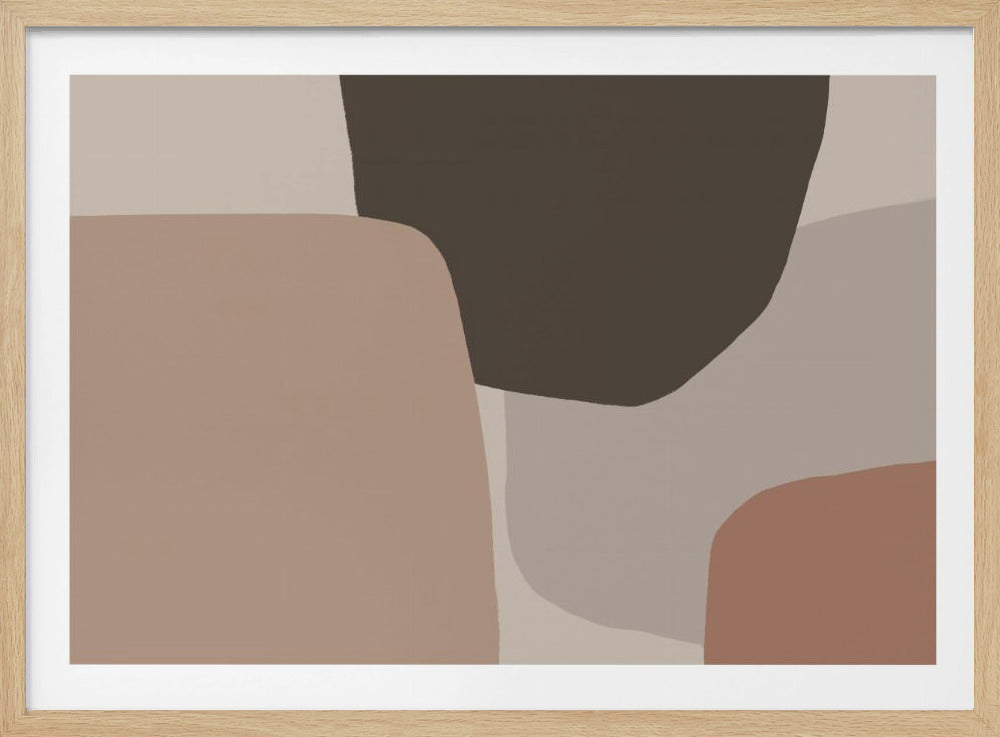 A minimalist abstract artwork featuring large, overlapping organic shapes in a muted, earthy color palette of dark brown, tan, beige, and terracotta. The piece is enclosed in a simple, brushed silver frame. Artwork