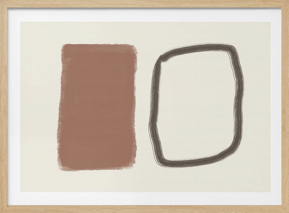 A minimalist abstract artwork in a silver frame, featuring a solid terracotta brown rectangle next to a hand-drawn, rounded rectangular outline in charcoal grey, both set against a cream background. Poster