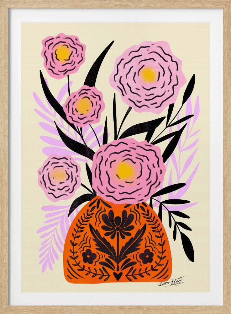 A stylized illustration of a bouquet of pink flowers with yellow centers and black outlines. The flowers are in a vibrant orange vase adorned with black folk-art style patterns. The arrangement includes black and lavender leaves against a cream background. Poster