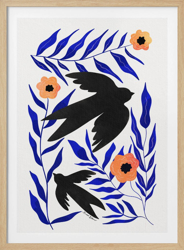 A graphic art print featuring two black bird silhouettes flying amidst stylized branches with bold cobalt blue leaves and three orange-peach flowers against a white background. Decor