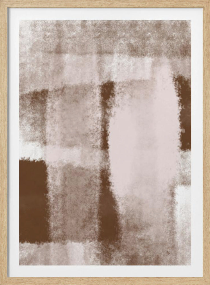 An abstract painting in a black frame, featuring a soft, textured plaid-like pattern of broad vertical and horizontal strokes in muted shades of brown, beige, and dusty pink. Wall Art