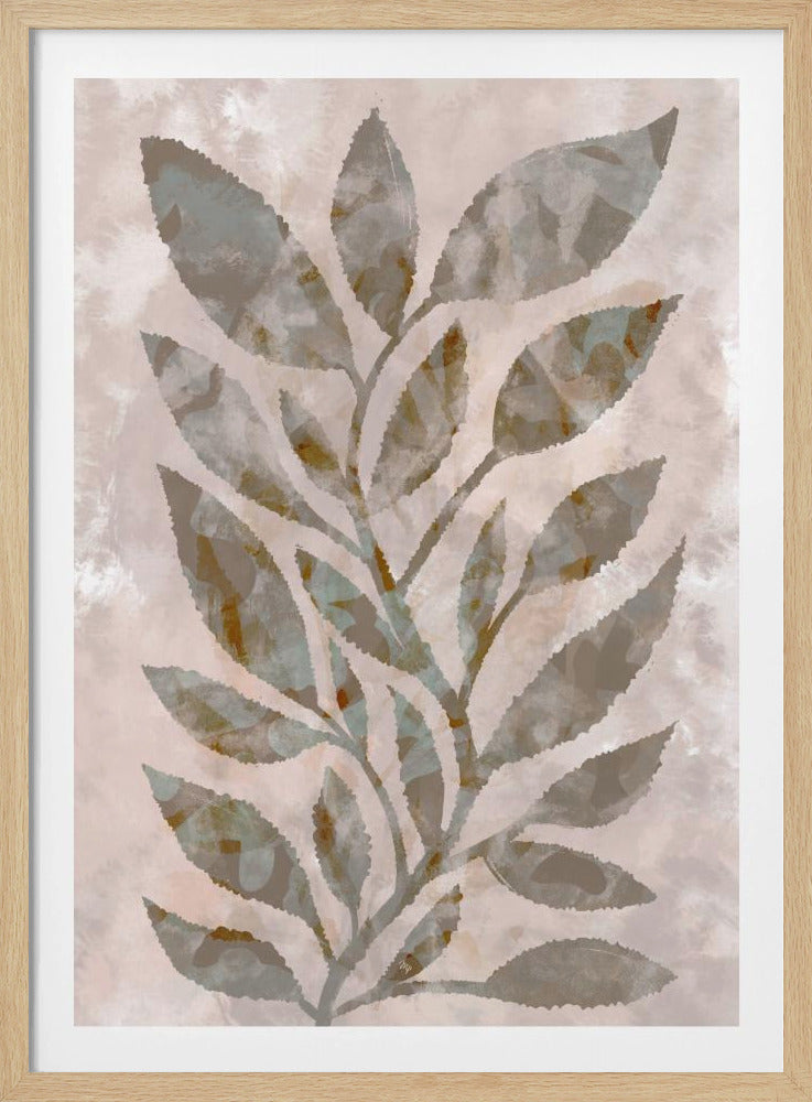 A framed vertical artwork of a stylized botanical branch. The leaves, in shades of taupe, brown, and muted teal, have a textured, distressed look. They are set against a soft, mottled background of blush pink and beige. Decor