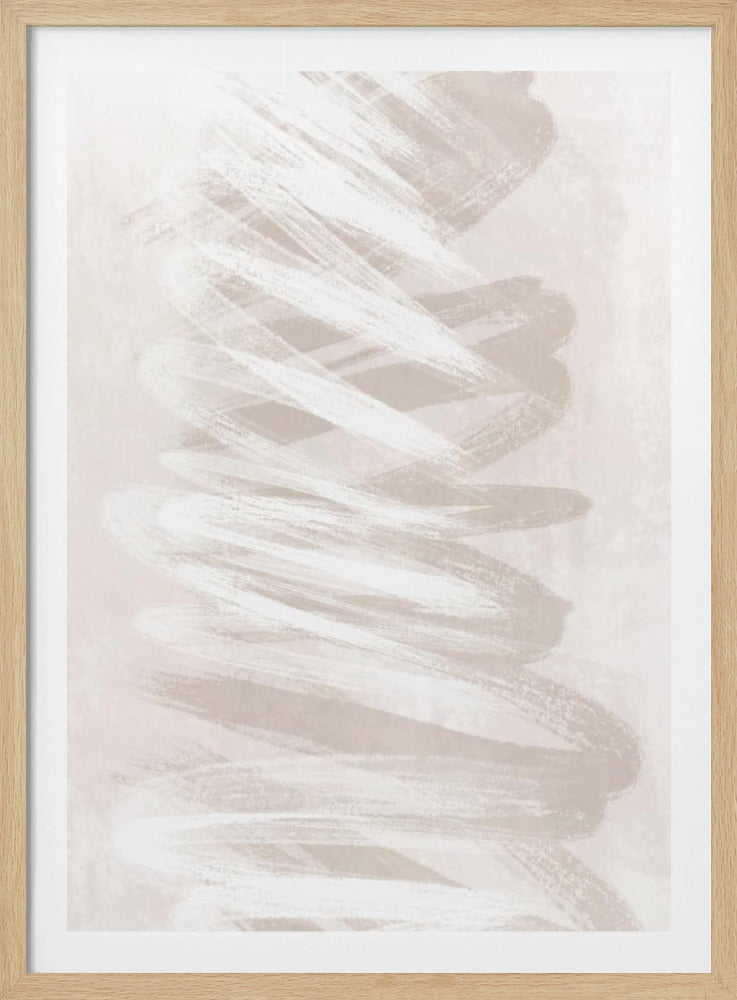An abstract painting in a thin black frame featuring a swirling, vertical form made of expressive, energetic brushstrokes in off-white and light beige against a pale, muted background. Artwork