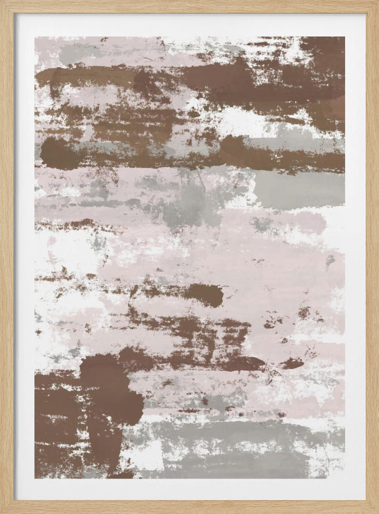 A vertical abstract painting with a textured, layered appearance, featuring broad horizontal strokes of brown, muted pink, and grey. The paint looks distressed and weathered, set against a lighter background and enclosed in a thin black frame. Decor