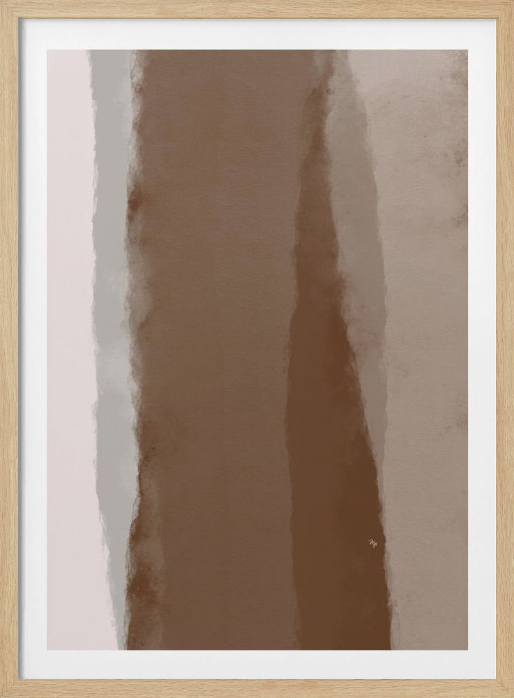 A framed abstract painting featuring vertical, watercolor-style stripes in a palette of earth tones. A wide, dark brown band dominates the center, surrounded by softer stripes of light brown, taupe, grey, and off-white. The entire piece is housed in a simple black frame. Wall Art