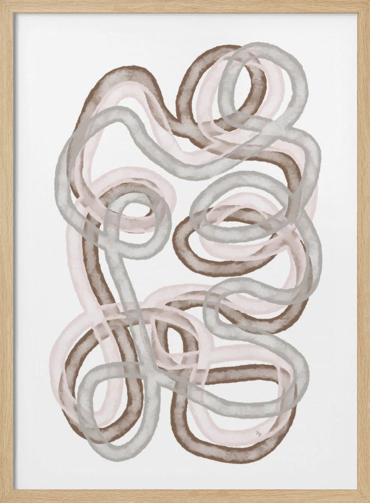 An abstract watercolor painting featuring a continuous, tangled line that loops and swirls against a white background. The line is rendered in translucent shades of brown, grey, and pale pink, with the colors overlapping to create depth. The artwork is presented in a simple black frame. Decor