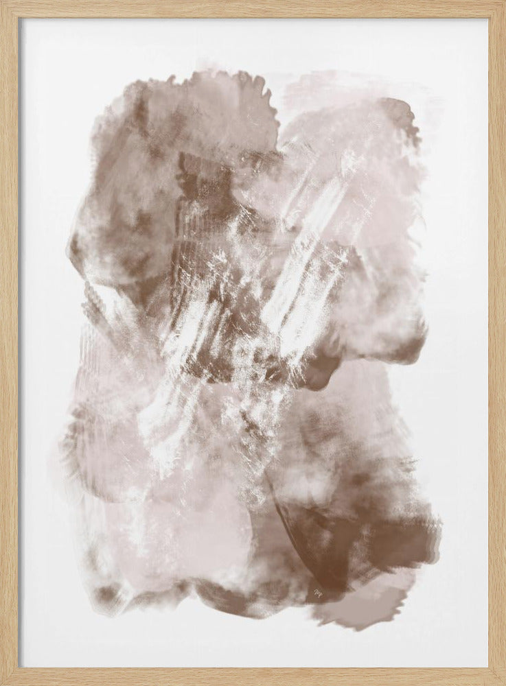 An abstract painting in a thin black frame featuring a central composition of soft, layered brushstrokes in earthy brown and dusty pink tones on a white background, creating a textured and ethereal effect. Wall Art