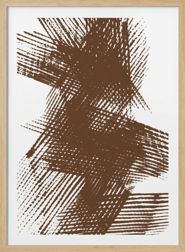 A framed abstract artwork featuring a dynamic composition of thick, textured brown lines intersecting and overlapping on a white background. The lines create a cross-hatching effect, giving the piece a sense of energy and depth. The entire composition is encased in a simple black frame. Decor