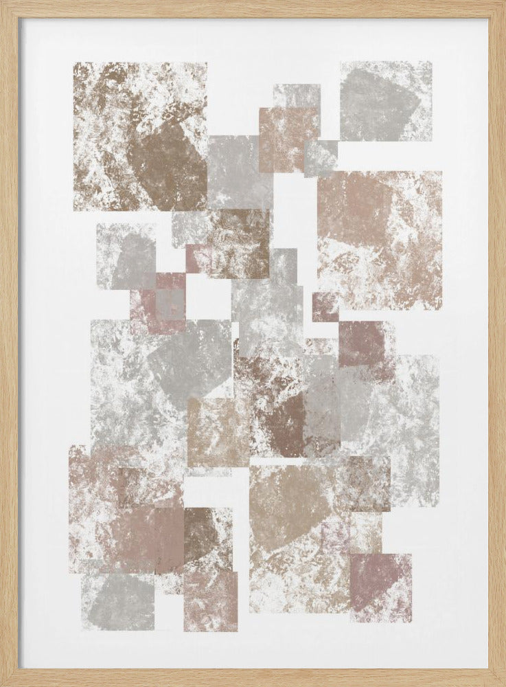 An abstract artwork featuring a collage of overlapping squares and rectangles in muted earth tones, including brown, beige, and gray. The shapes have a distressed, textured appearance and are set against a plain white background, all within a simple black frame. Wall Art