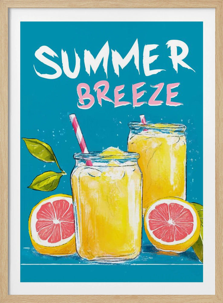 A vintage-style poster advertising 'Summer Breeze' with two glasses of lemonade. The background is a vibrant teal, and the text is in a white and pink brush script. The illustration features two mason jars filled with yellow liquid, ice, and striped straws, accompanied by halved citrus fruits and green leaves. Print