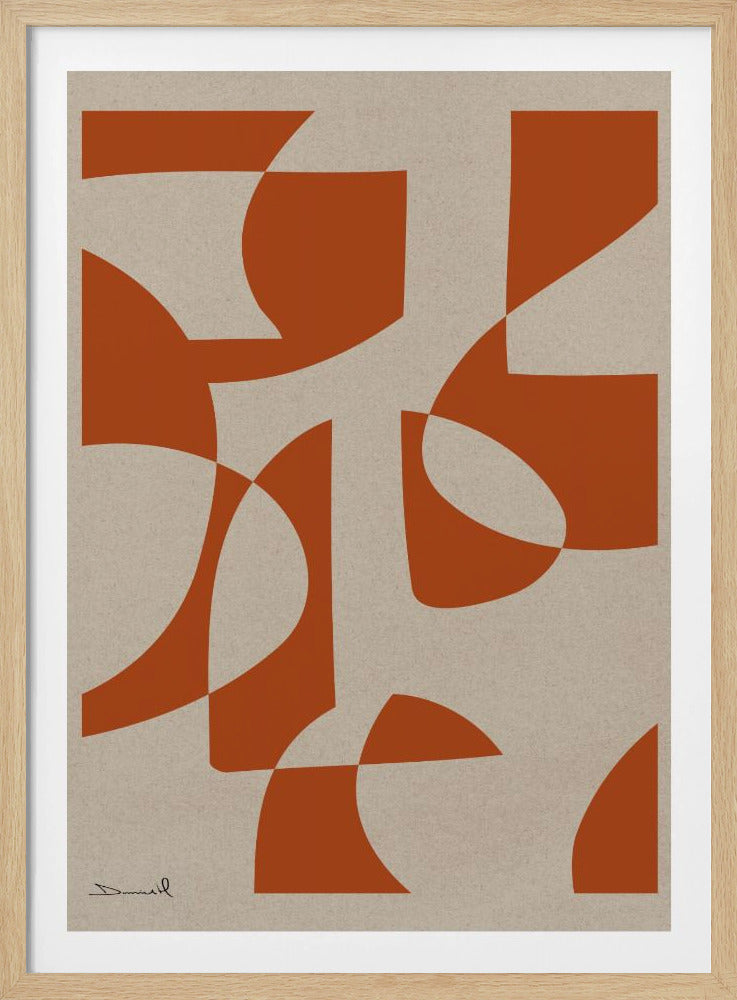 A framed abstract art piece with bold, burnt-orange shapes that are both curved and angular, overlapping on a textured, light beige background. A simple signature is in the bottom-left corner. Poster