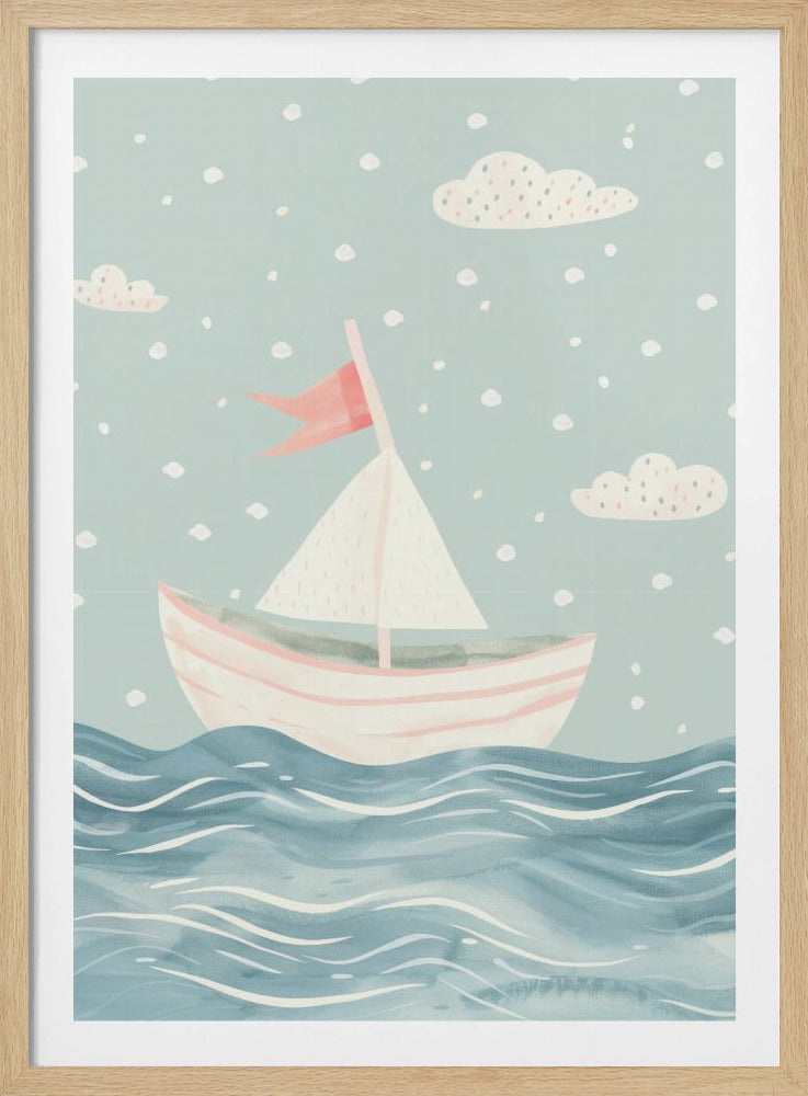 A whimsical illustration of a pink and white sailboat on a wavy blue sea. The sky is a soft, light blue with simple clouds and white polka dots, giving the art a dreamy, storybook feel. The entire piece is framed in black. Decor