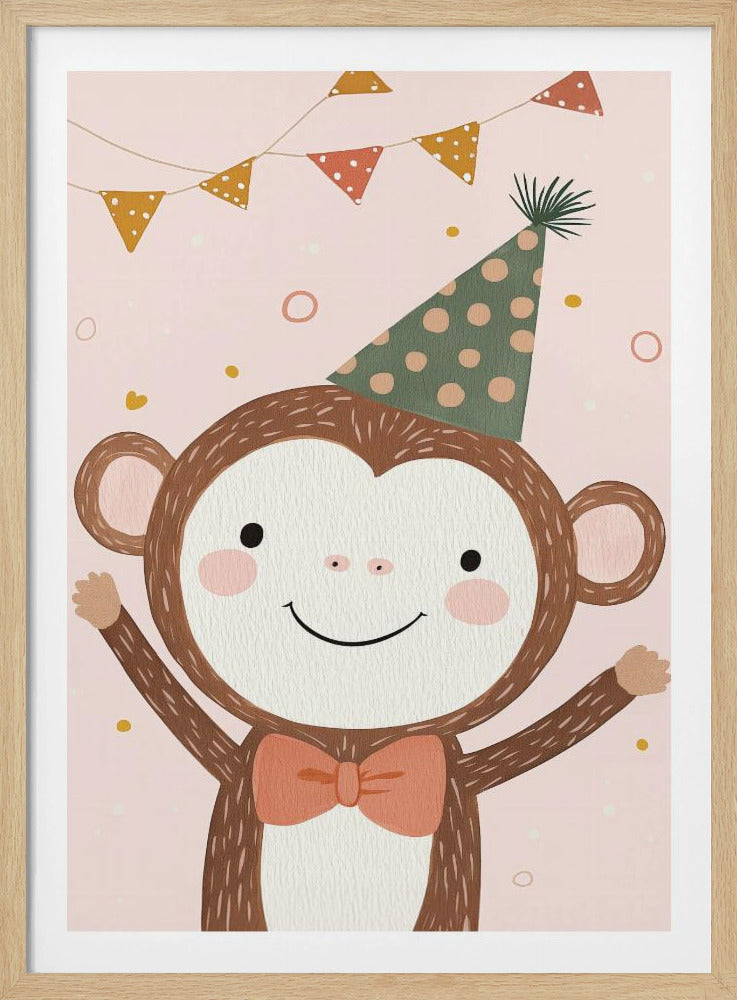 A whimsical illustration of a happy cartoon monkey wearing a green polka-dot party hat and a salmon-colored bow tie. The monkey is smiling with its arms raised in celebration against a light pink background with confetti and a string of party bunting overhead. The artwork has a textured, painted look and is enclosed in a black frame. Poster