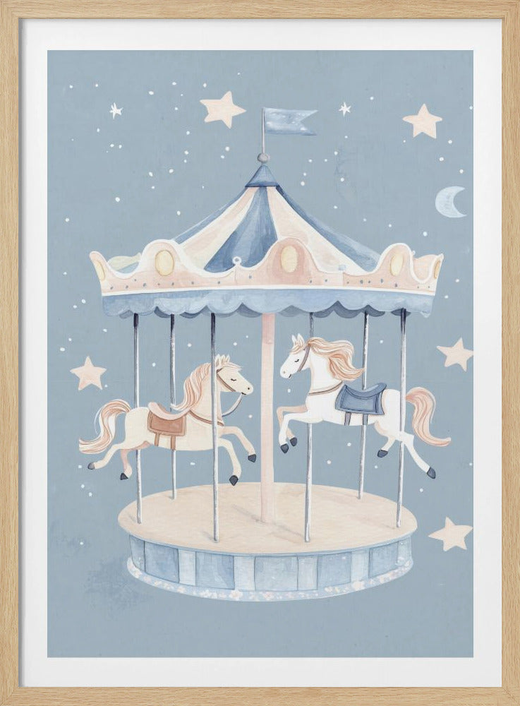 A whimsical watercolor illustration of a carousel with two horses against a soft blue background dotted with stars and a crescent moon. The merry-go-round has a blue and cream striped canopy. Print