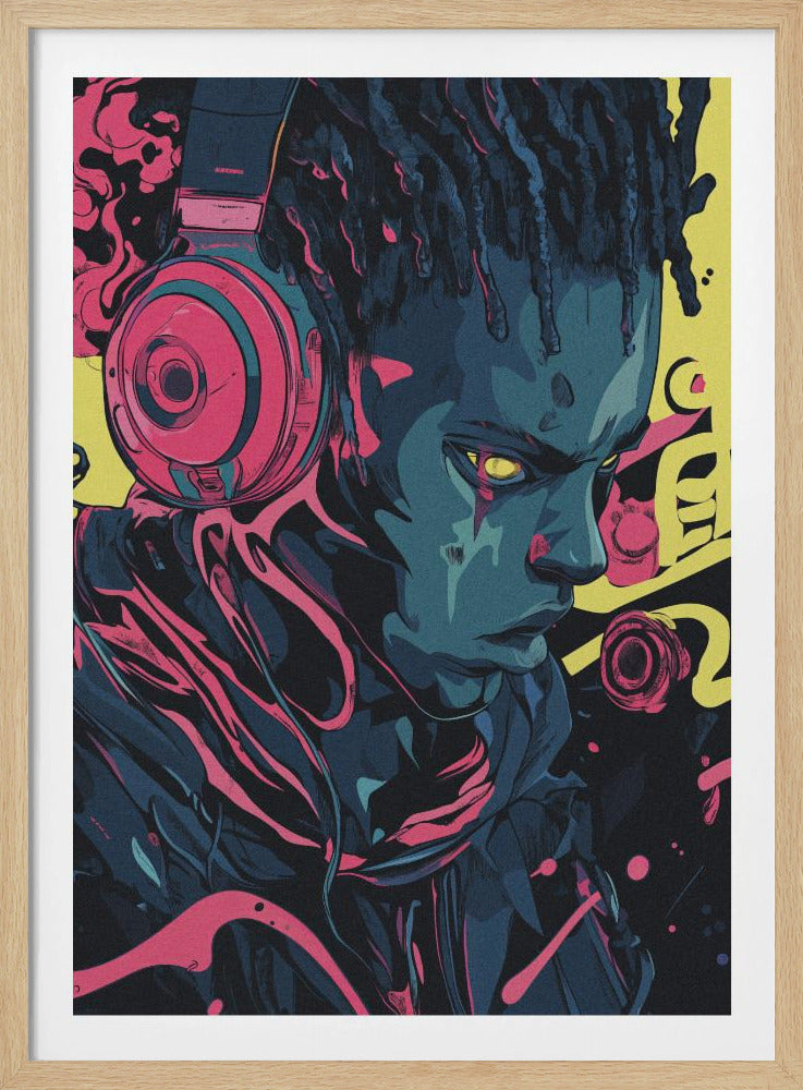 A vibrant, stylized illustration of a young Black person with dreadlocks and glowing yellow eyes, wearing large pink headphones. The artwork uses a bold color palette of blue, pink, and yellow with an intense, futuristic feel. Decor