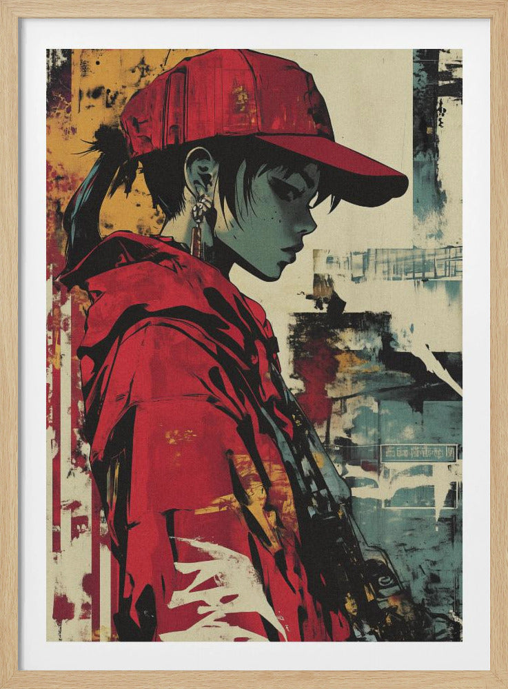 A stylized illustration of a person in profile with teal-toned skin, wearing a bright red backwards baseball cap and a matching red hoodie. The background is an abstract, distressed collage of yellow, teal, and off-white, giving the piece a gritty, street art aesthetic. Poster