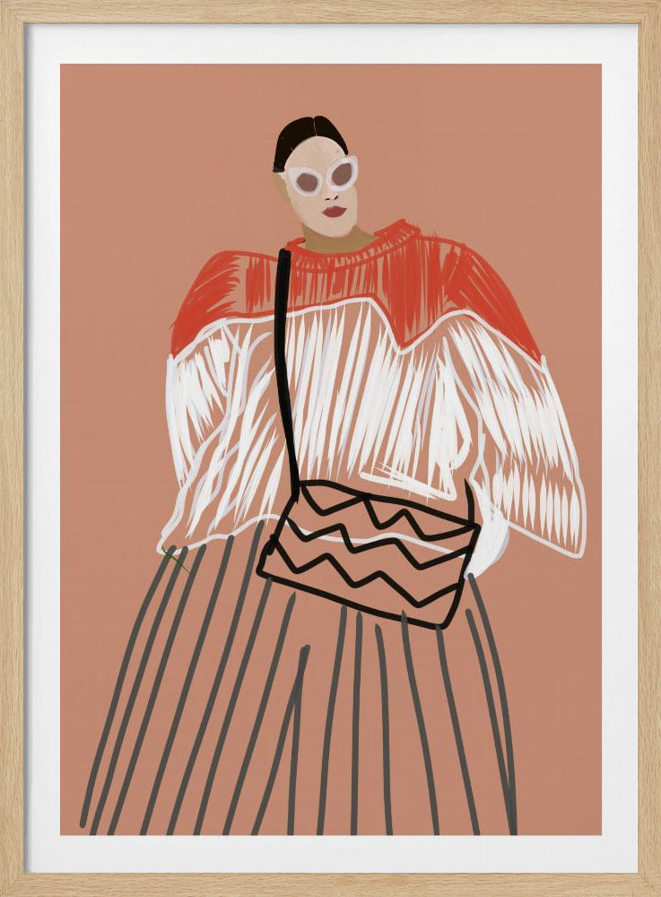 A modern fashion illustration of a stylish woman against a dusty pink background. She wears large white sunglasses, a red and white fringed sweater, a vertically striped skirt, and carries a shoulder bag with a black zigzag pattern. Wall Art