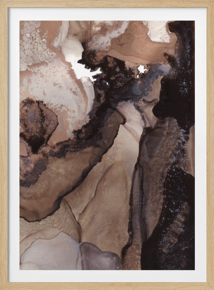 A framed abstract painting featuring a dynamic composition of flowing, layered shapes in earthy tones. Deep black and rich browns blend with lighter shades of beige and metallic copper, creating textures that resemble natural rock formations or fluid ink spreading on a surface. Artwork