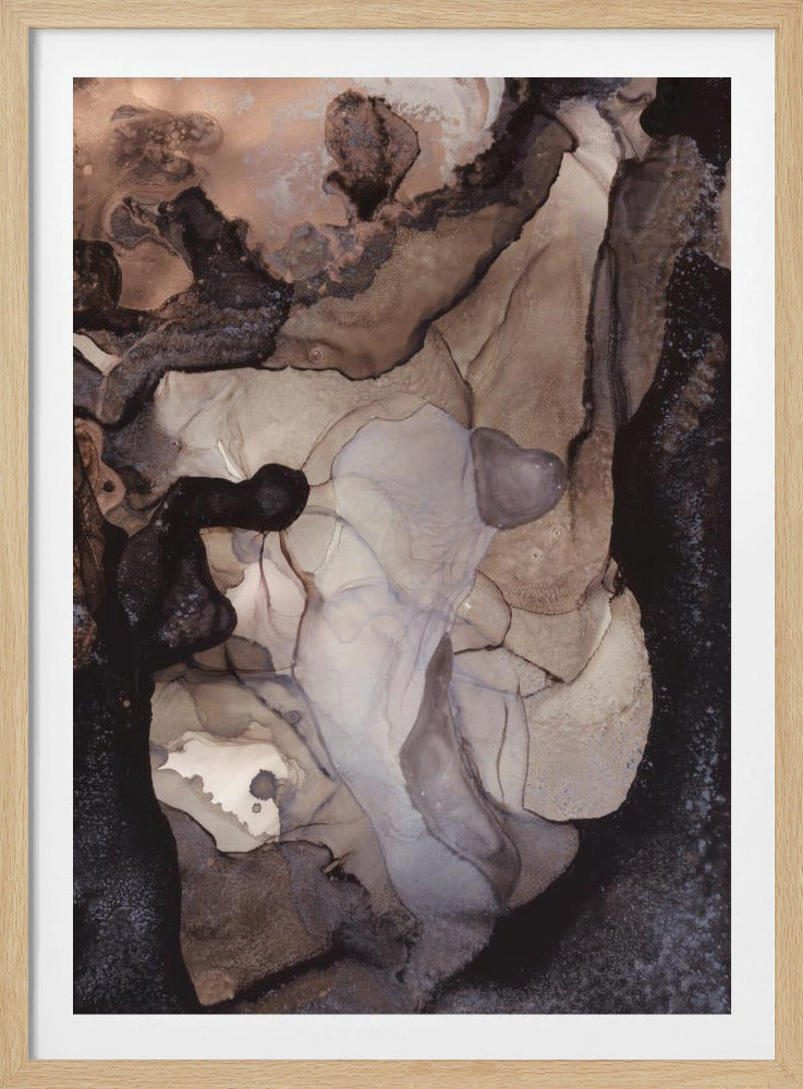 An abstract fluid art painting featuring organic, flowing shapes in shades of earthy brown, deep black, and translucent greyish-beige. The composition has a layered, geological feel, with dark, textured edges framing a lighter, more delicate center. The entire piece is presented in a simple black frame. Decor