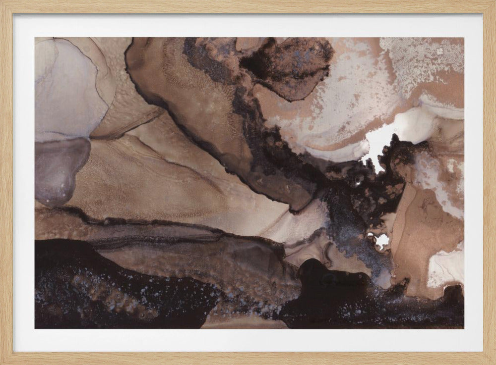 An abstract fluid art painting featuring a dynamic blend of earthy tones. Swirls and pools of dark brown, black, and creamy beige overlap to create a sense of depth and movement, reminiscent of natural stone or marbled liquid, all enclosed in a simple silver frame. Wall Art