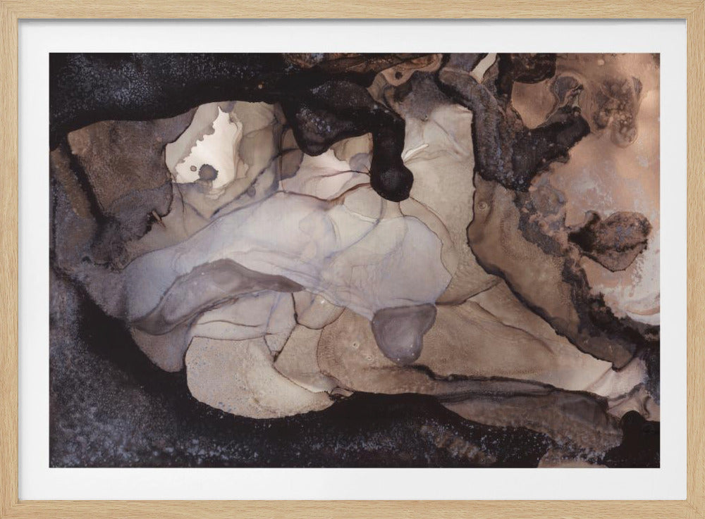 An abstract fluid art painting featuring a complex interplay of earthy tones. Dark, textured black and brown forms frame lighter, translucent areas of taupe, off-white, and muted lavender, creating a sense of depth and organic movement. The artwork is presented in a modern silver frame. Wall Art
