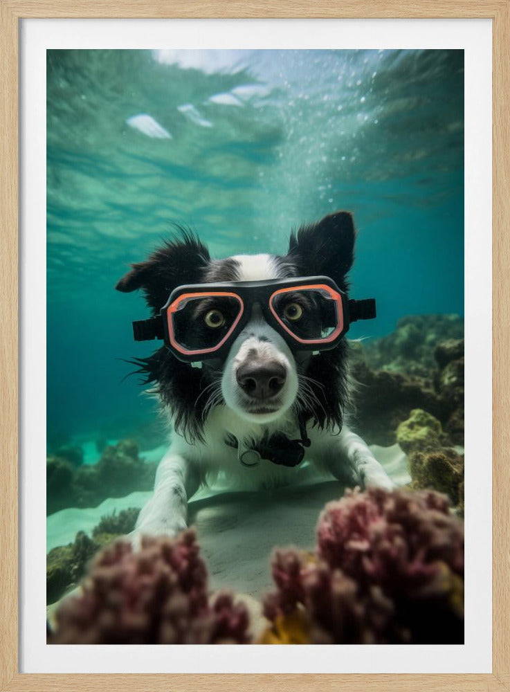 A close-up, underwater photo of a black and white Border Collie wearing orange-rimmed swimming goggles. The dog is looking directly into the camera with wide eyes, its paws resting on the sandy ocean floor in front of a coral reef. Wall Art