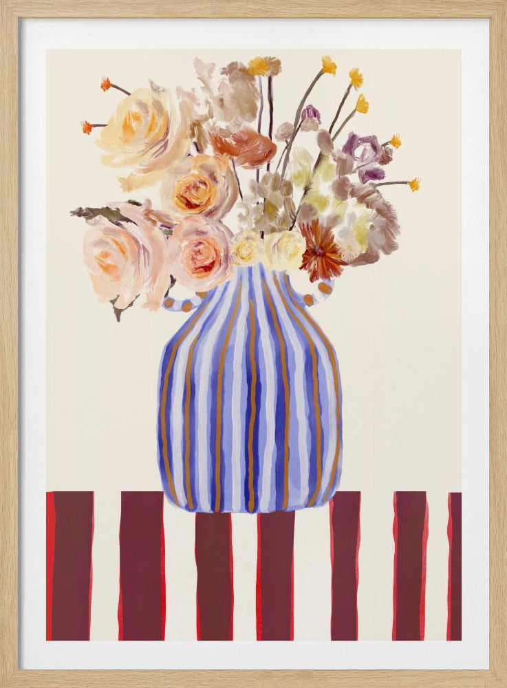 A modern still life painting featuring a bouquet of peach, cream, and yellow flowers in a prominent blue, light blue, and ochre striped vase. The vase rests on a surface with thick, vertical burgundy and white stripes against a neutral, off-white background. Artwork