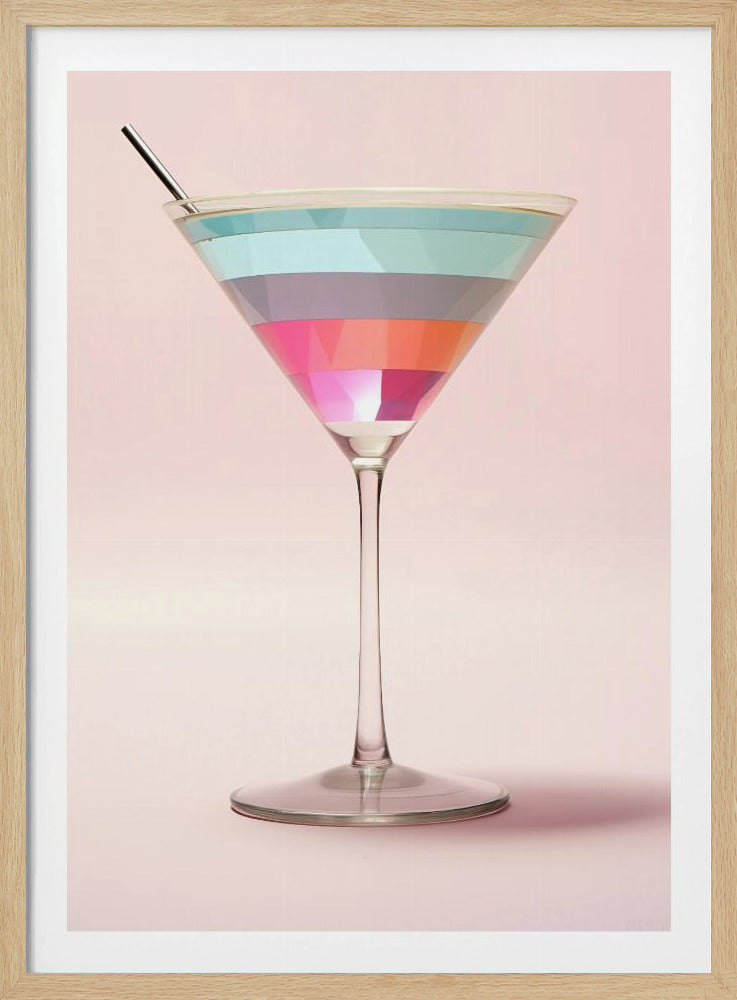 A stylized studio photograph of a martini glass filled with a colorful, layered cocktail against a soft pink background. The drink has horizontal stripes of light blue, gray, hot pink, and orange, with a metal cocktail stirrer resting inside. The image is framed in black. Artwork