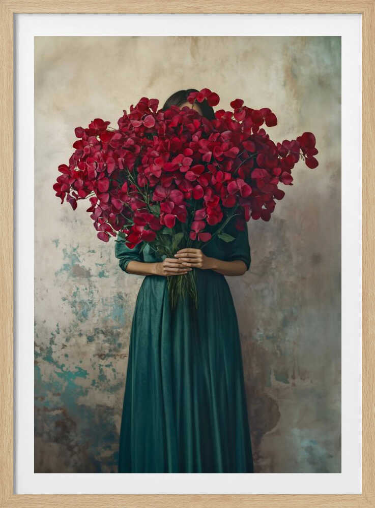 A fine art portrait of a woman in a long, dark green dress holding a massive bouquet of vibrant red flowers that completely hides her face, standing against a textured, rustic wall. Wall Art