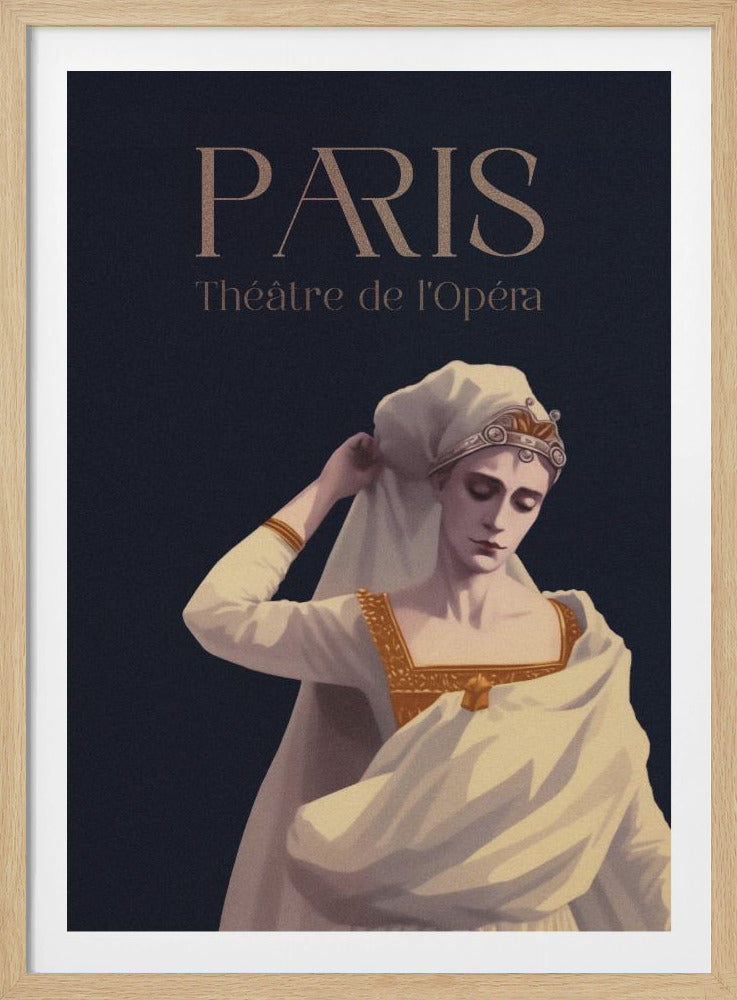A vintage-style poster for the Paris Théâtre de l'Opéra. Against a dark blue background, a figure in a white and gold costume and headdress looks down thoughtfully. The text 'PARIS' and 'Théâtre de l'Opéra' is printed in a gold serif font at the top. Poster