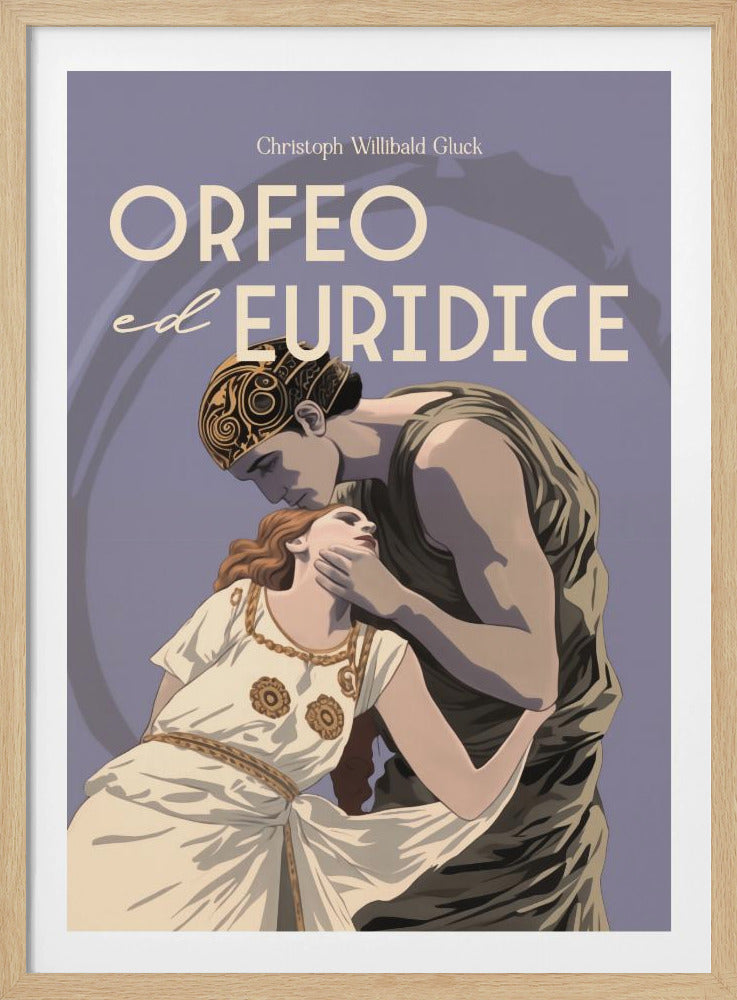 A vintage-style illustrated poster for the opera 'Orfeo ed Euridice' by Christoph Willibald Gluck. The illustration shows a man in classical attire with an ornate headband, representing Orfeo, gently holding and kissing the forehead of a woman in a white dress, Euridice, against a solid lavender background. Decor