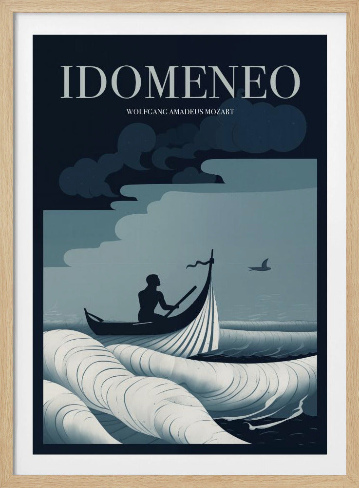 A minimalist poster for Wolfgang Amadeus Mozart's opera 'Idomeneo', featuring a silhouetted figure in a small boat navigating large, stylized waves under a dark, cloudy sky. The color palette is composed of shades of blue, white, and black. Print